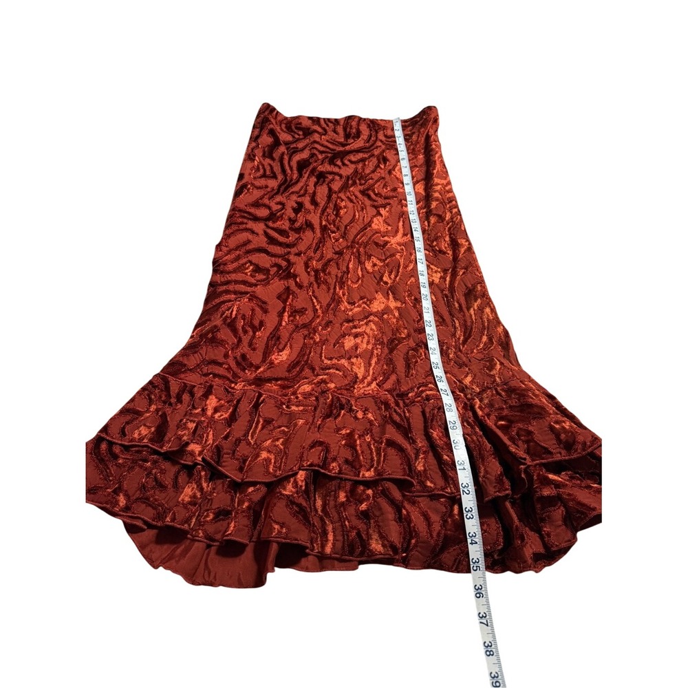 Vintage DKNY Rust Orange Devoré Velvet Ruffle Hem Midi Skirt M 90s Minimalist - Picture 4 of 6